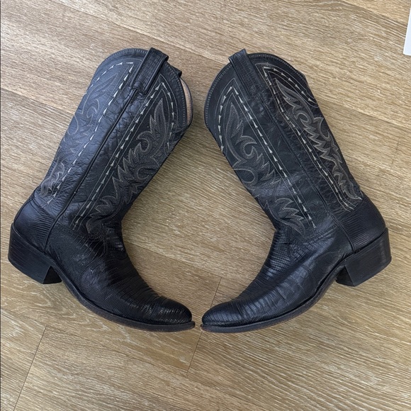 Dan Post Vintage 90s Teju Black Exotic Embossed Lizard Skin Leather Cowboy Boots - Picture 3 of 12